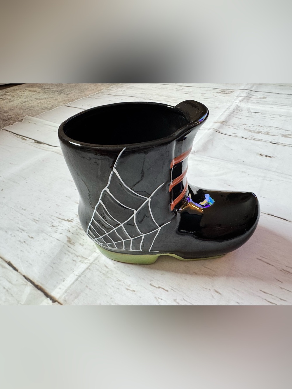 Yankee Candle Black Bootie candle holder with White Spiderweb and Orange Accent